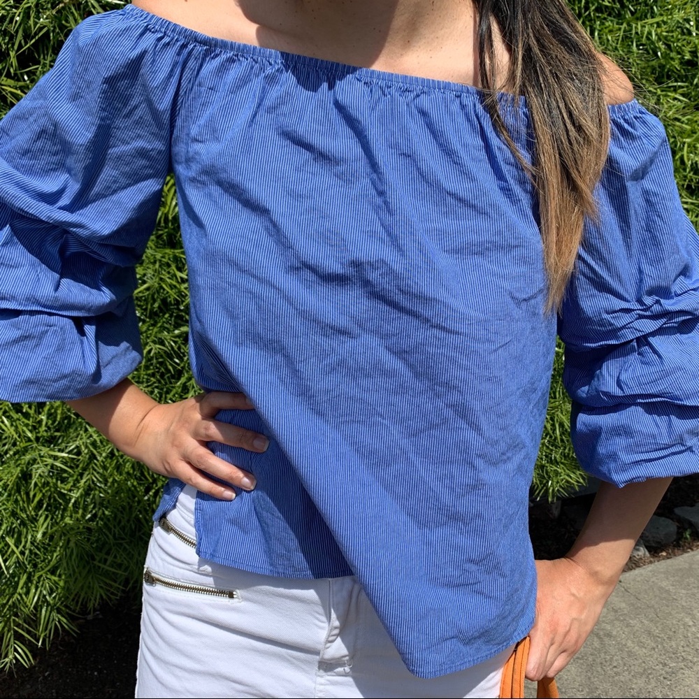 Zara blue pinstripe off-shoulder tiered puff sleeve blouse